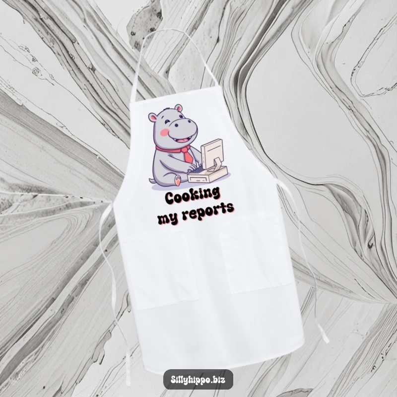 Funny apron with a kawaii hippo wearing a tiny tie, joyfully typing on a miniature computer, perfect for adding cute humor to cooking.
