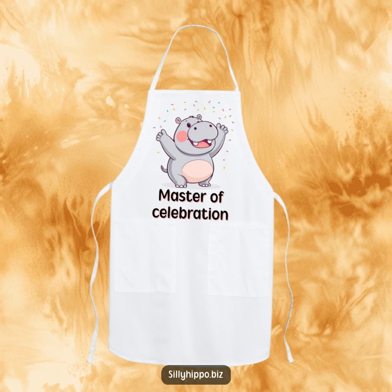 Funny apron with a triumphant hippo chef enthusiastically waving tiny celebratory confetti while cooking, adding joy to the kitchen.