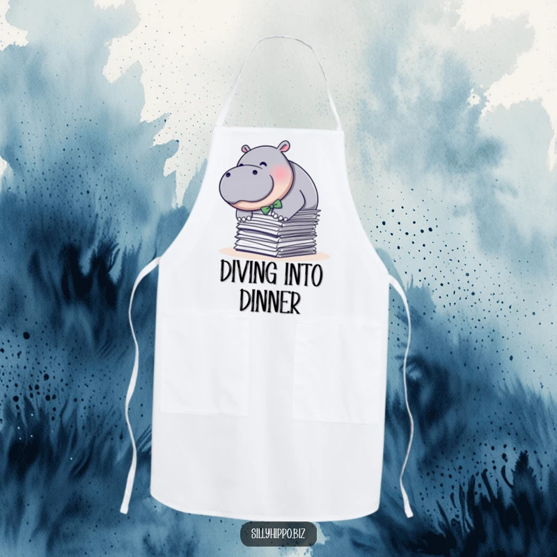 Funny apron showcasing a plump hippo in a bow tie, diving into papers, perfect for adding humor to kitchen activities.