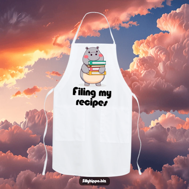 Funny apron with a round, cheerful hippo expertly balancing a stack of colorful office folders, perfect for adding organized humor to cooking.