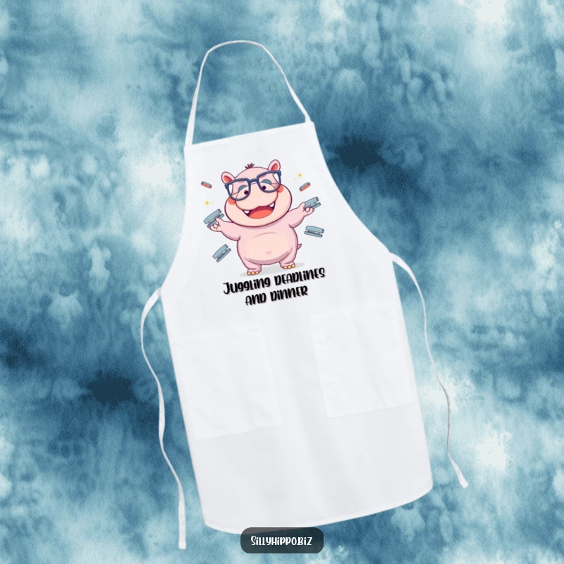 Funny hippo wearing large spectacles joyfully juggles office staplers on this durable and humorous apron.