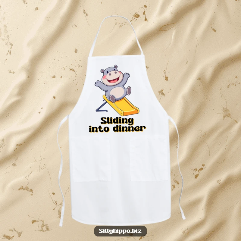 Funny apron with a giggling hippo sliding down a colorful office slide, perfect for adding laughter to kitchen duties, a great funny gift.