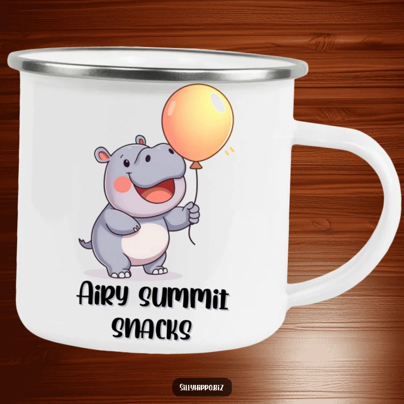 Funny Camping Mug featuring a happy hippo enthusiastically inflating a colorful balloon, perfect for outdoor fun.