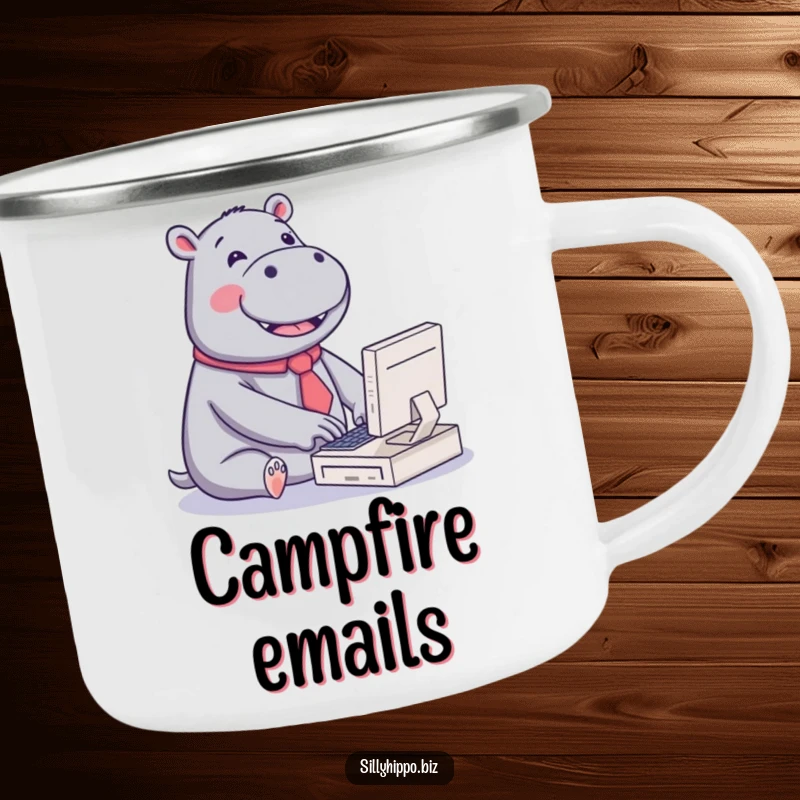 Funny camping mug with a kawaii hippo wearing a tiny tie, joyfully typing on a miniature computer, perfect for outdoor humor and cuteness.