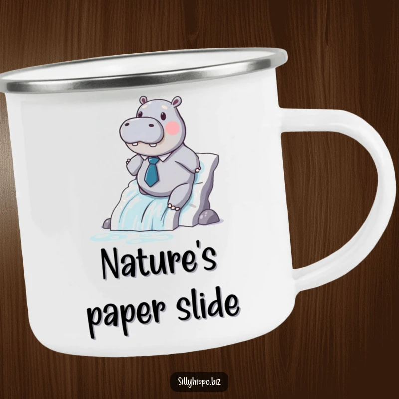 Funny hippo wearing a small tie slides down a printer paper waterfall on this rugged and humorous camping mug.