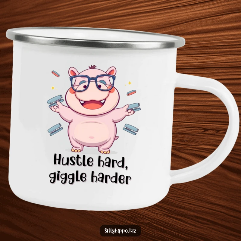 Funny hippo wearing large glasses juggles office staplers on this sturdy camping mug, perfect for outdoor humor.
