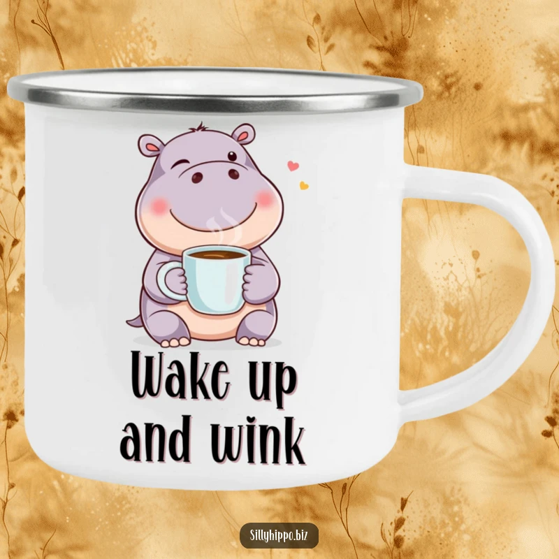 Funny camping mug with a happy hippo winking and holding a coffee mug, perfect for outdoor enjoyment and a cheerful start.