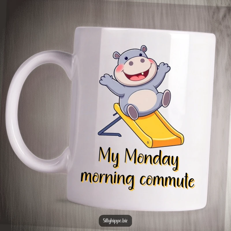 Funny mug of a gleeful hippo joyfully sliding down a vibrant office slide, embodying pure, unadulterated fun.