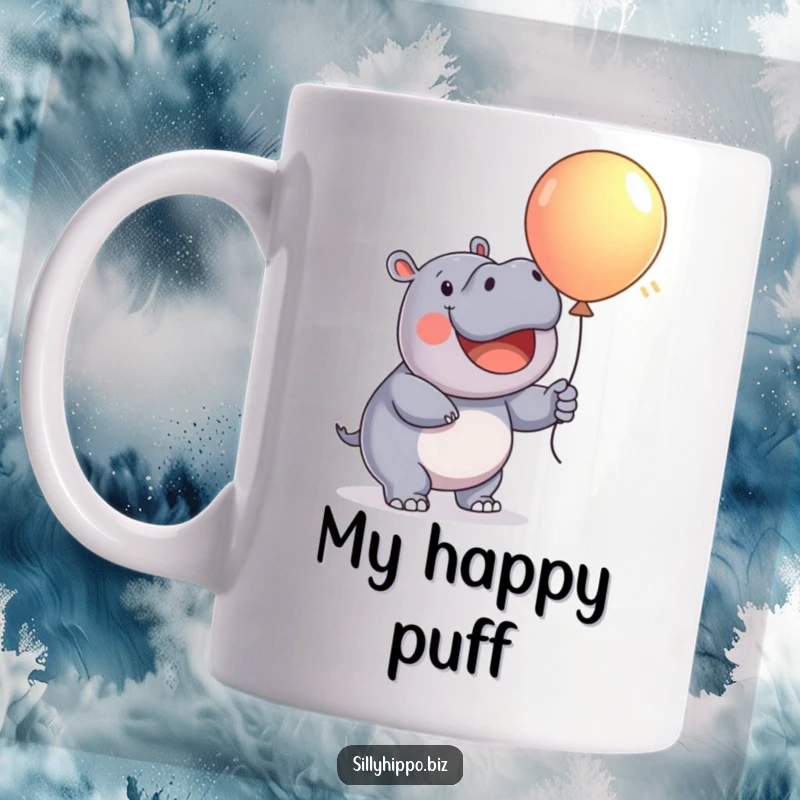 Funny Mug features a very happy hippo enthusiastically inflating a large, brightly colored balloon with joy.