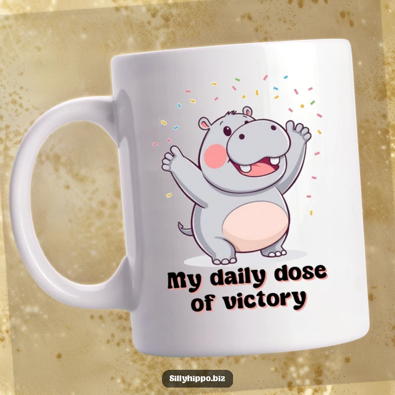 Funny mug featuring a triumphant hippo gleefully waving small, colorful confetti pieces in the air, embodying pure celebration and joy.