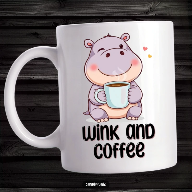 Funny coffee mug featuring a happy hippo winking while holding a steaming mug, exuding a cheerful and slightly mischievous morning vibe.