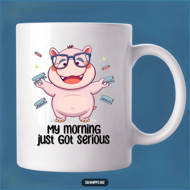 Funny Hippo Juggling Staplers Mug - Hilarious Office Gift for Colleagues
