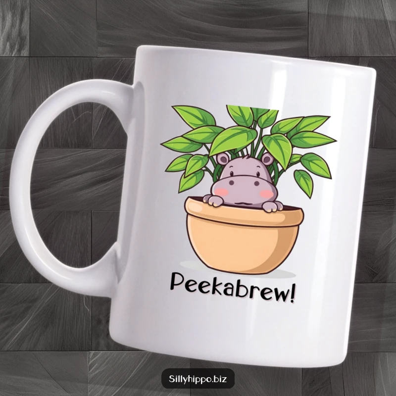 Funny Mug features a playful hippo peeking out with curiosity from behind a large, lush potted plant.