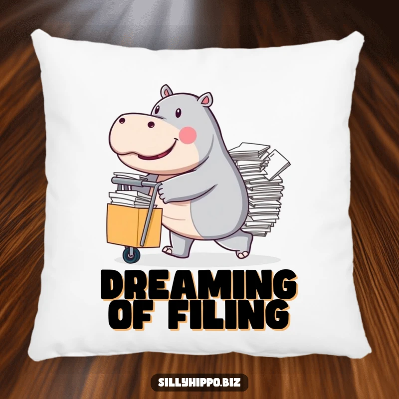 Funny Pillow featuring a determined hippo pushing a rolling cart overflowing with papers, symbolizing hard work.