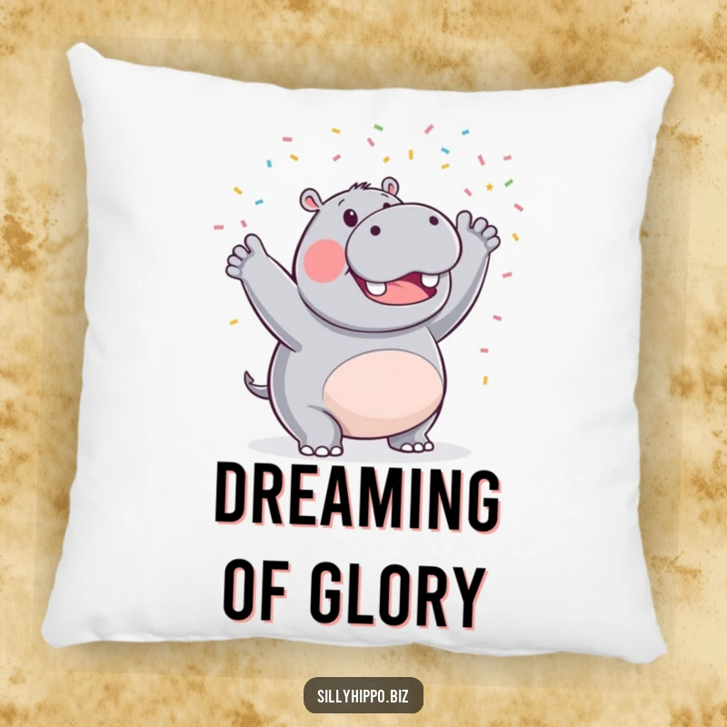 Funny pillow showcasing a triumphant hippo joyfully waving a delightful cloud of tiny celebratory confetti, bringing comfort and cheer.