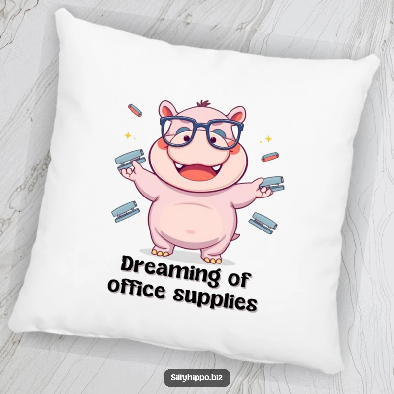A funny hippo with huge glasses is pictured gleefully juggling office staplers on this soft, decorative pillow.