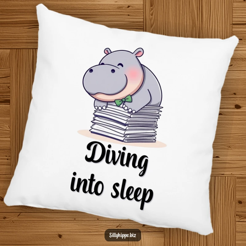 Funny pillow featuring a plump hippo in a bow tie, humorously diving into papers, adding cozy and funny office vibes to decor.