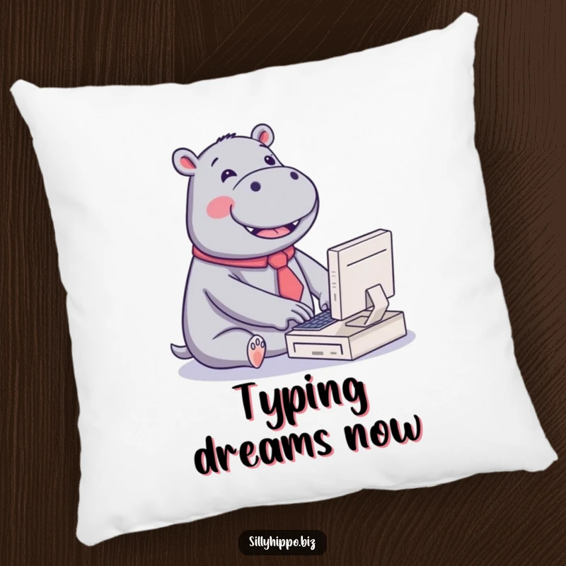 Funny pillow featuring a kawaii hippo wearing a tiny tie, joyfully typing on a miniature computer, offering cute comfort and humor.