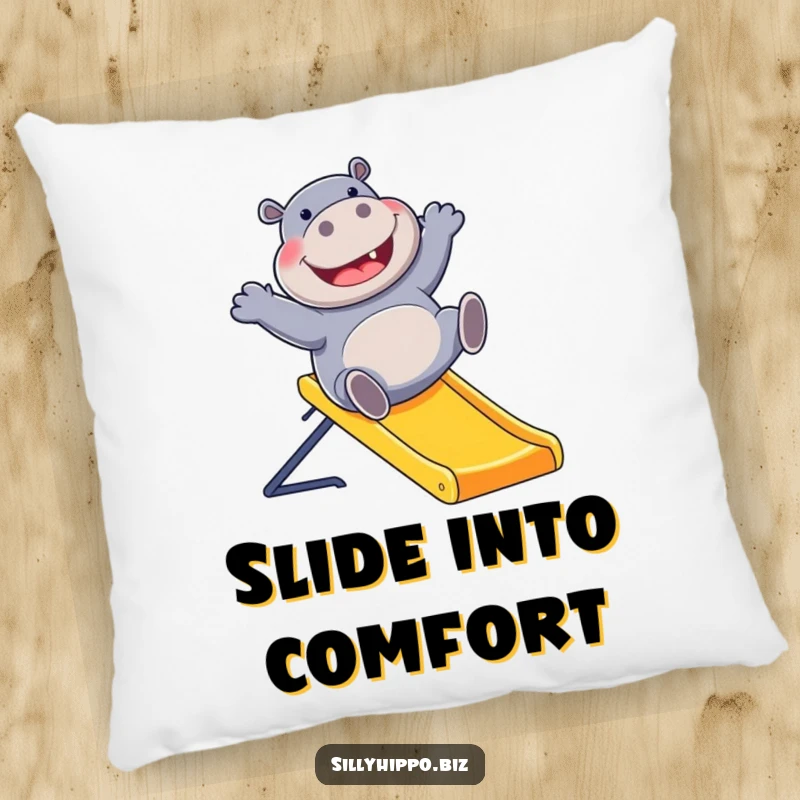 Funny pillow showcasing a happy hippo gleefully sliding down a bright office slide, perfect for adding a touch of playful decor.
