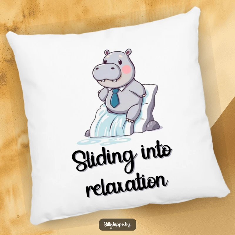 A hippo wearing a tiny tie slides down a printer paper waterfall on this soft, humorous decorative pillow.