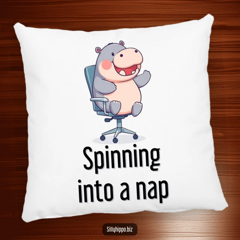 A round hippo happily spins on an office chair on this soft, humorous decorative pillow.