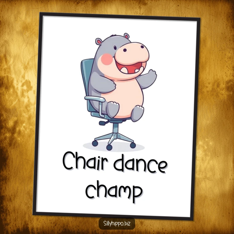 Funny, round hippo spinning on an office chair in this vibrant, humorous digital art.