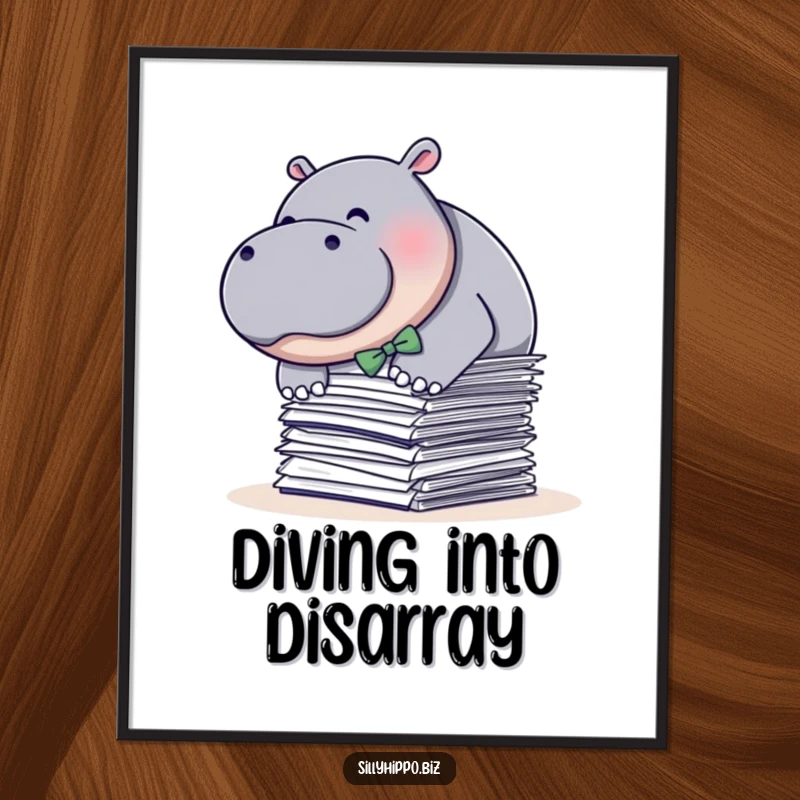Funny digital art print of a plump hippo in a bow tie, humorously diving into papers, downloadable art for office or home.