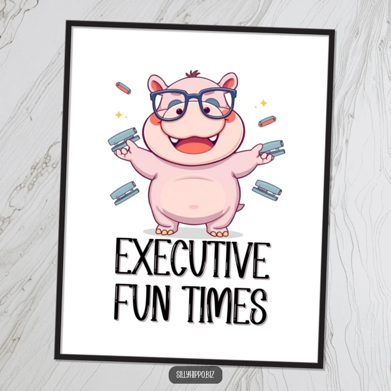 Funny hippo wearing oversized glasses hilariously juggles office staplers in this vibrant and humorous digital art.