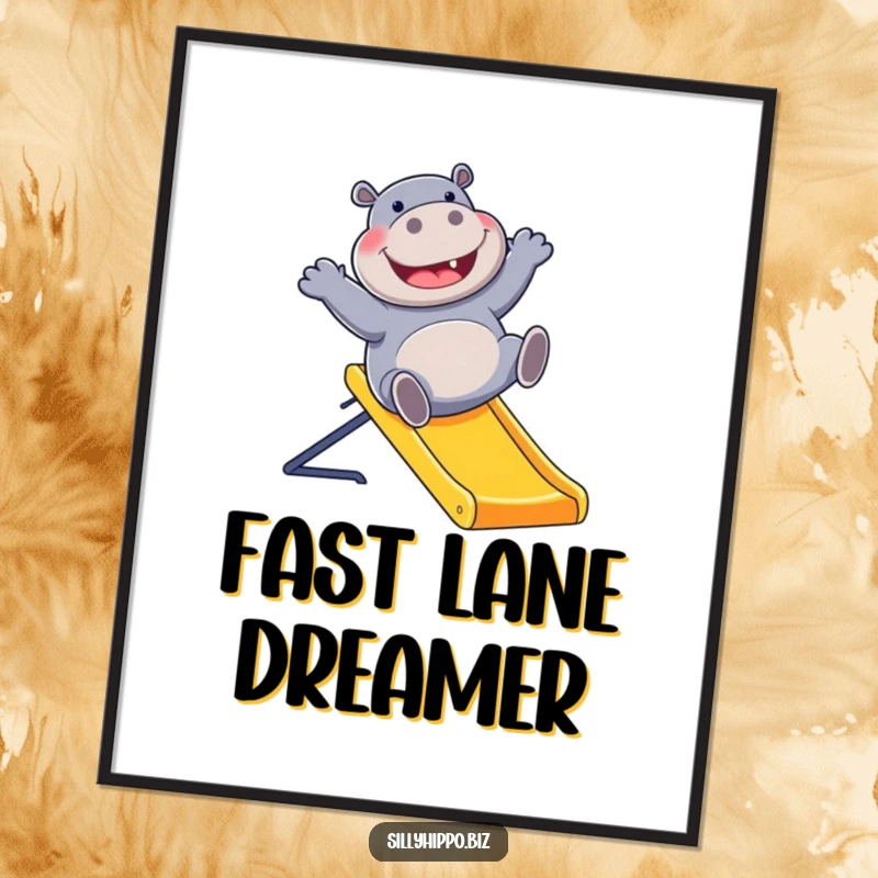 Funny digital art of a gleeful hippo sliding down a vibrant office slide, capturing a moment of pure, unadulterated fun for your space.