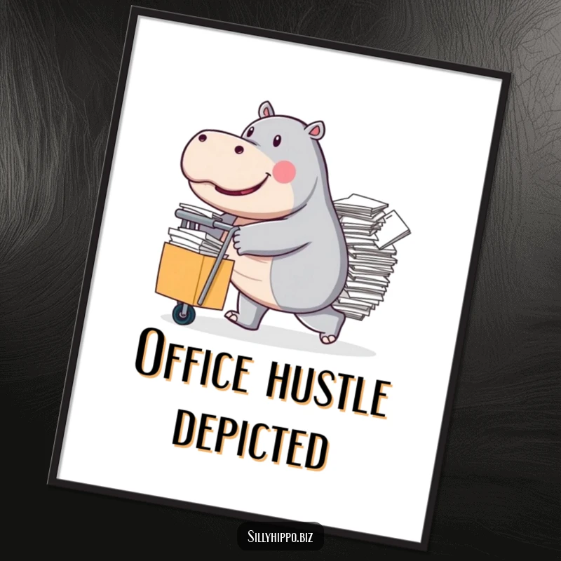 Funny Digital Art Print of a determined hippo pushing a rolling cart overflowing with papers, symbolizing dedication.