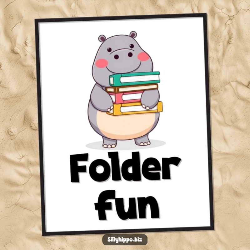 Funny digital art print of a round, cheerful hippo balancing a stack of colorful office folders, bringing organized office humor.