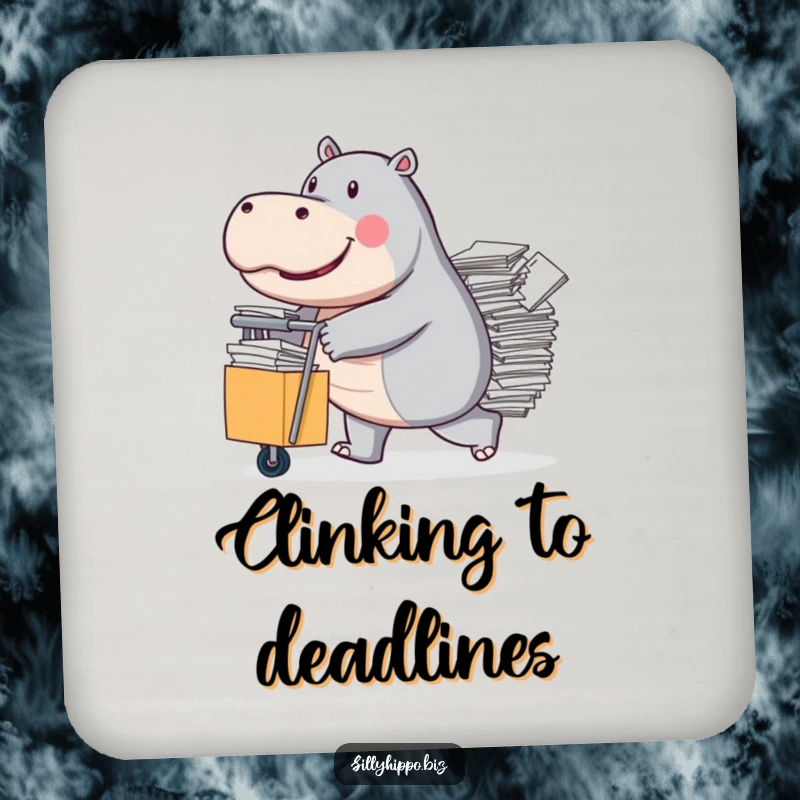 Funny Coaster set with a determined hippo pushing a rolling cart overflowing with papers, representing office tasks.