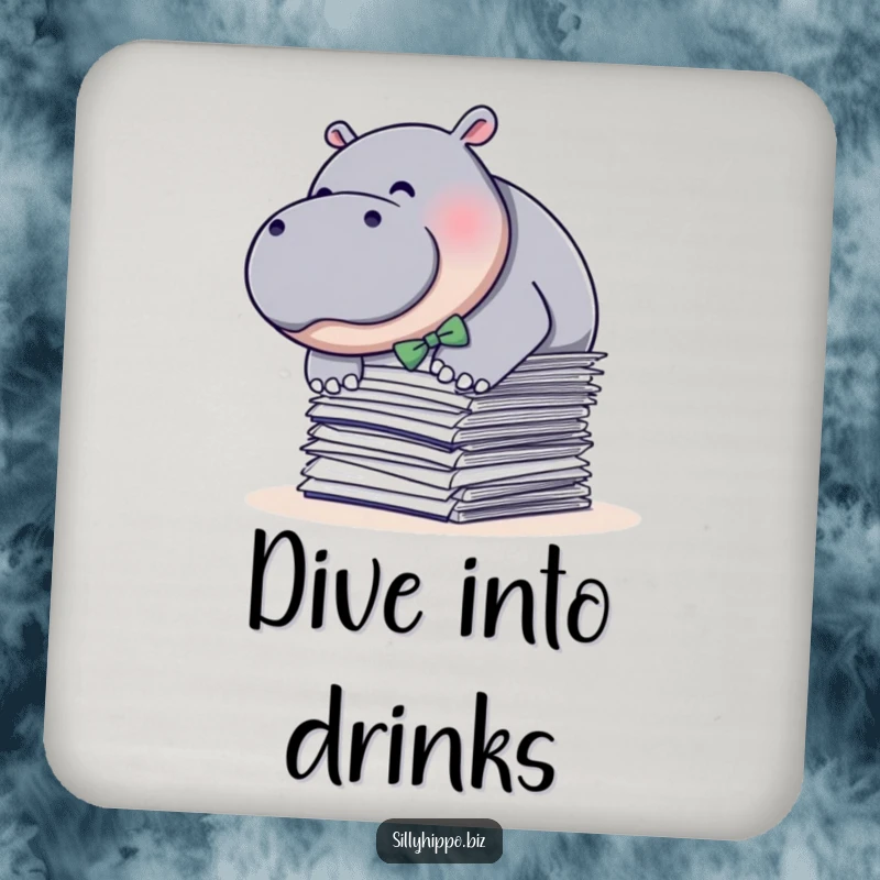 Funny drink coasters featuring a plump hippo in a bow tie, humorously diving into papers, offering protection with comedic flair.