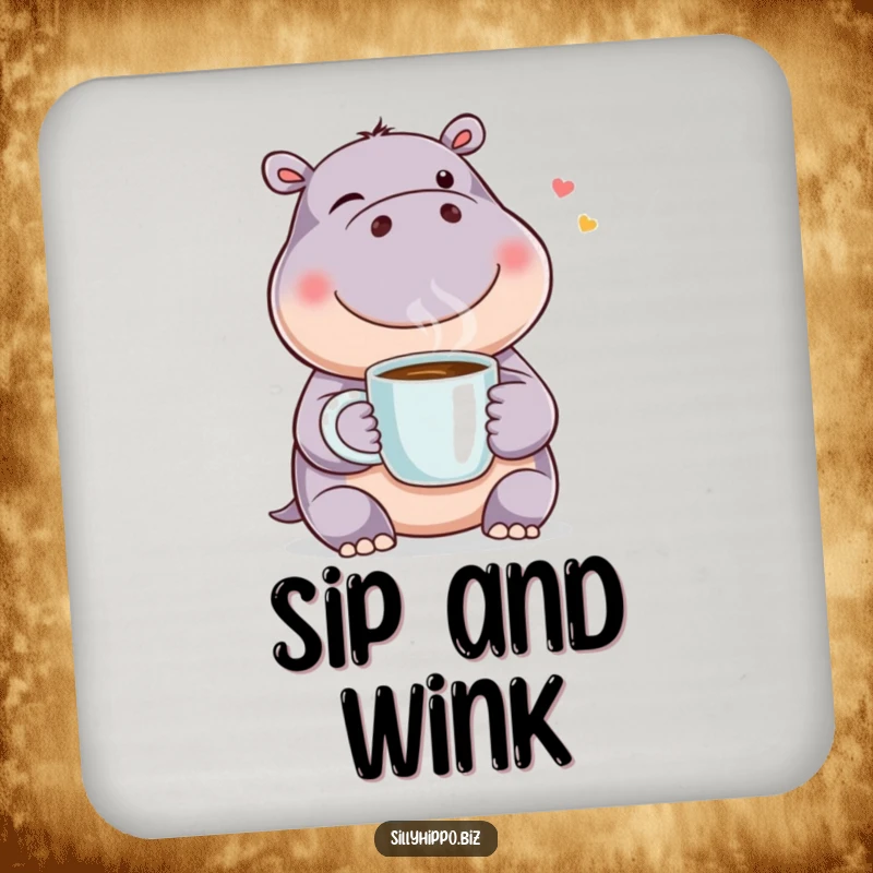 Funny drink coaster with a happy hippo winking and holding a coffee mug, adding a touch of playful charm to tabletops.
