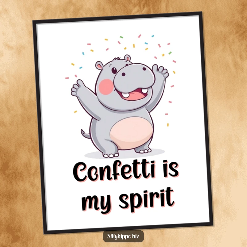 Funny poster depicting a triumphant hippo joyfully waving a shower of tiny celebratory confetti, adding a burst of happiness to any room.