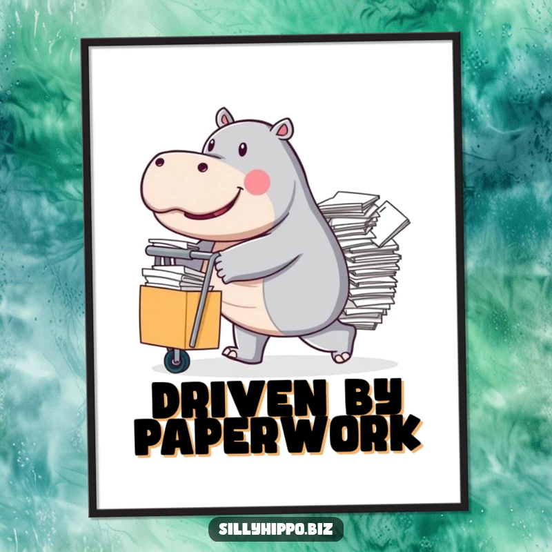 Funny Poster art of a determined hippo pushing a rolling cart incredibly overloaded with stacks and stacks of paper.