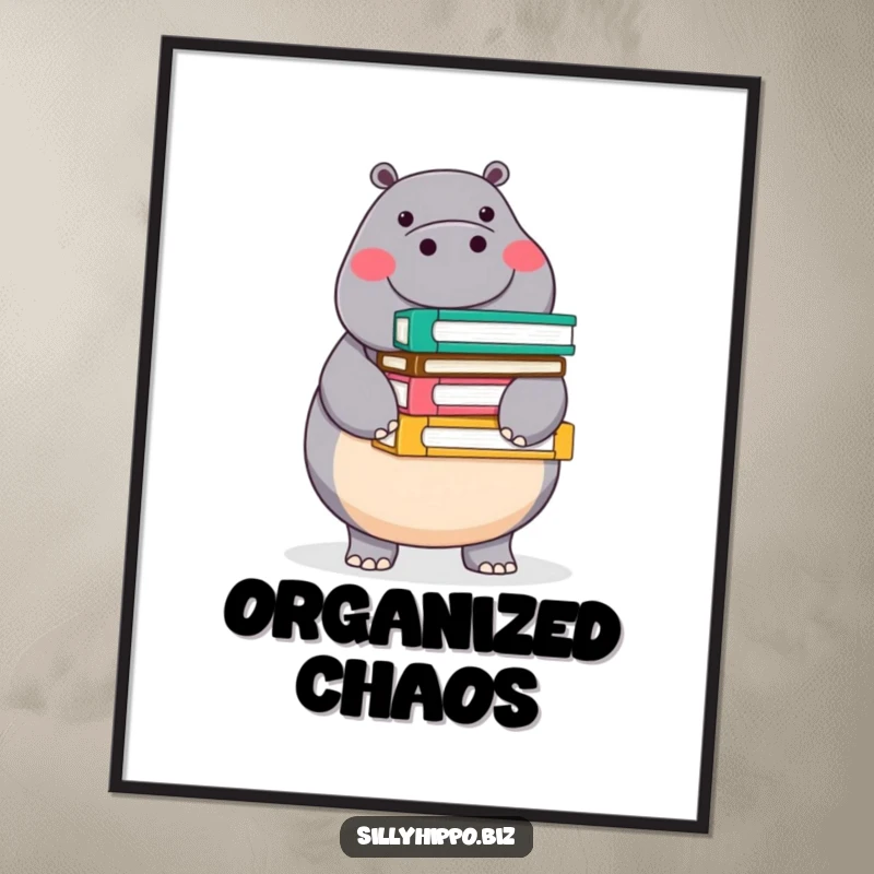Funny poster art print of a round, cheerful hippo perfectly balancing a stack of colorful office folders, adding organized office humor.