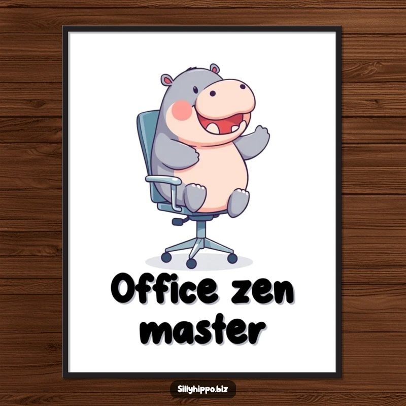 Funny, round hippo spinning on an office chair creates a humorous and eye-catching piece of wall art.