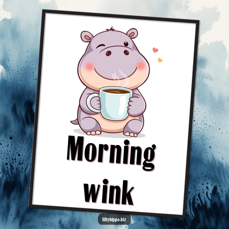 Funny poster art of a happy hippo winking while holding a steaming coffee mug, conveying warmth and cheerful morning vibes.