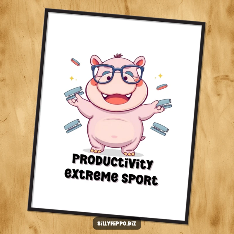 Funny hippo wearing oversized glasses, hilariously juggling multiple office staplers, makes for comical wall decor.