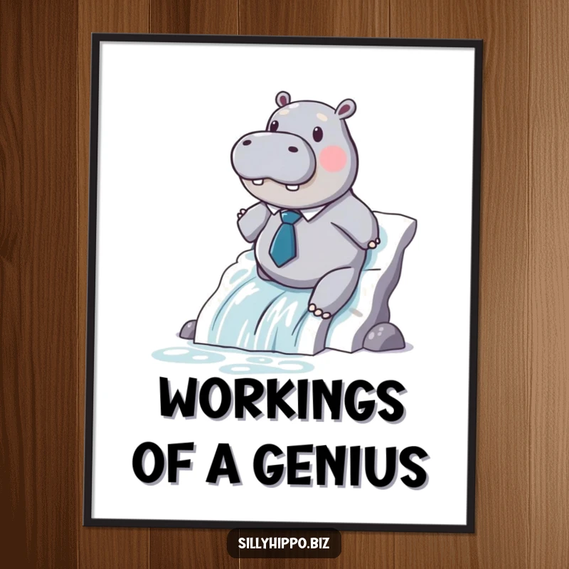 Funny hippo in a small tie slides down a printer paper waterfall, creating a humorous and eye-catching poster.