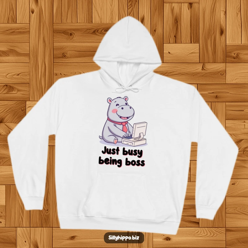 Funny hoodie featuring a kawaii hippo wearing a tiny tie, joyfully typing on a miniature computer, perfect for cozy, cute, and humorous moments.