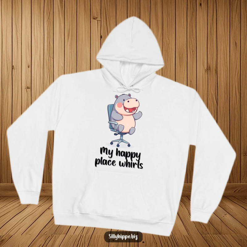 Funny, round hippo spinning on an office chair is featured on this cozy and humorous hoodie.