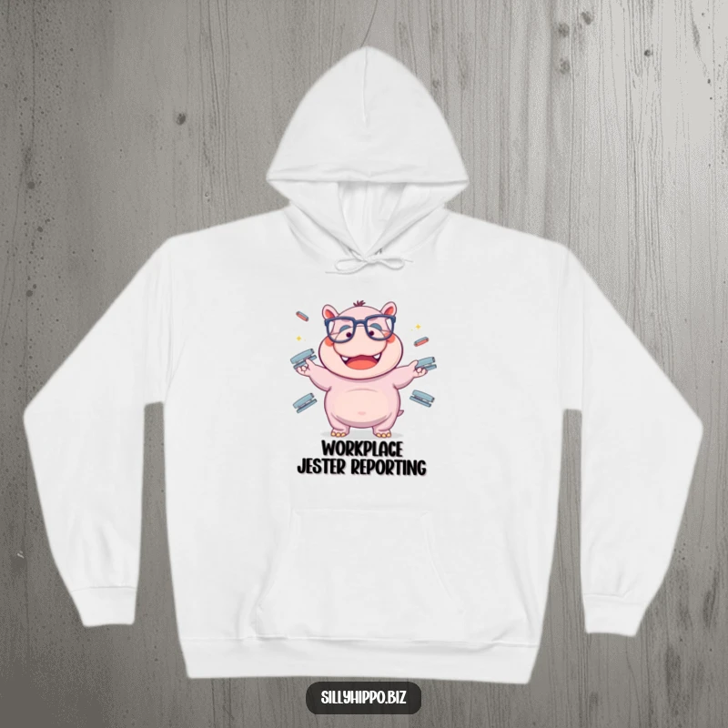Funny, oversized-glasses-wearing hippo joyfully juggles office staplers on this comfortable and humorous hoodie.