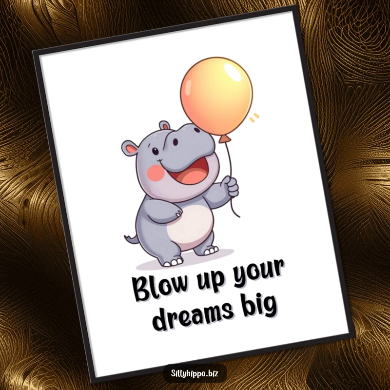 Funny Free Printable wall art showing a very happy hippo enthusiastically inflating a large, vibrant, colorful balloon, ready to celebrate.