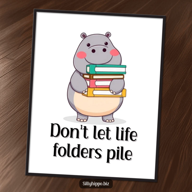 Funny Free Printable Hippo Wall Art: Round, cheerful hippo balancing a tall stack of colorful office folders.