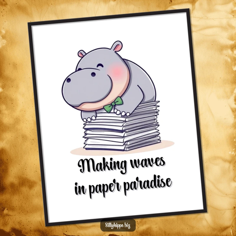 Funny free printable wall art of a plump hippo wearing a tiny bow tie, diving into a stack of papers.