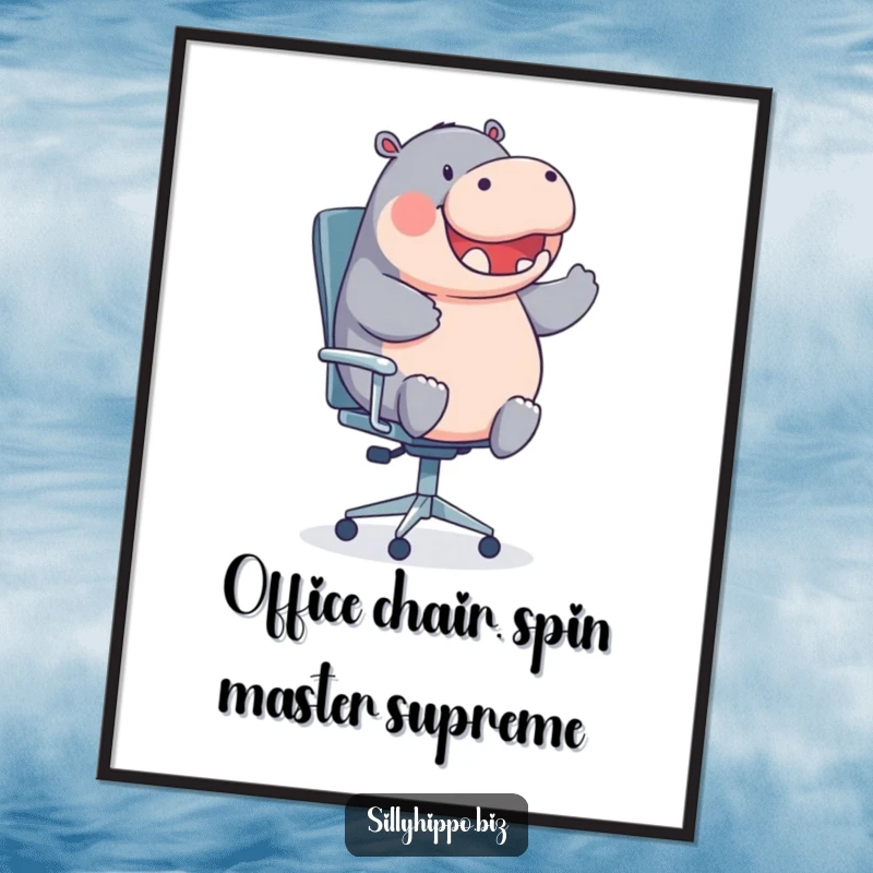 Funny Free Printable Wall Art: Round Hippo Gleefully Spins on Office Chair, Quirky Decor