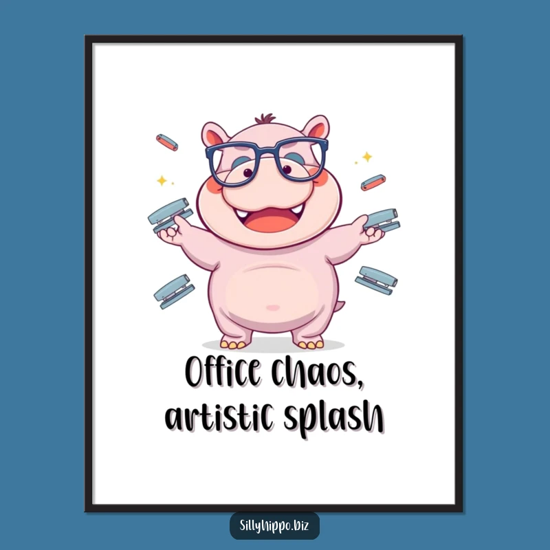 Free Printable Wall Art: Funny Hippo Juggling Staplers for Quirky Office Decor