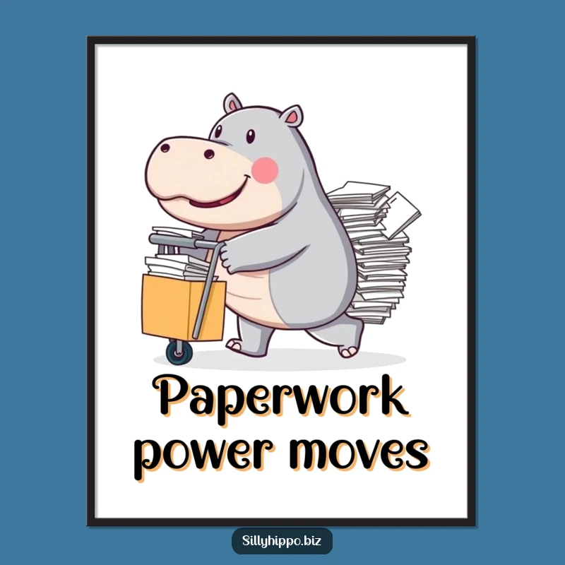 Free Printable Wall Art: Determined Hippo Pushing Papers Cart